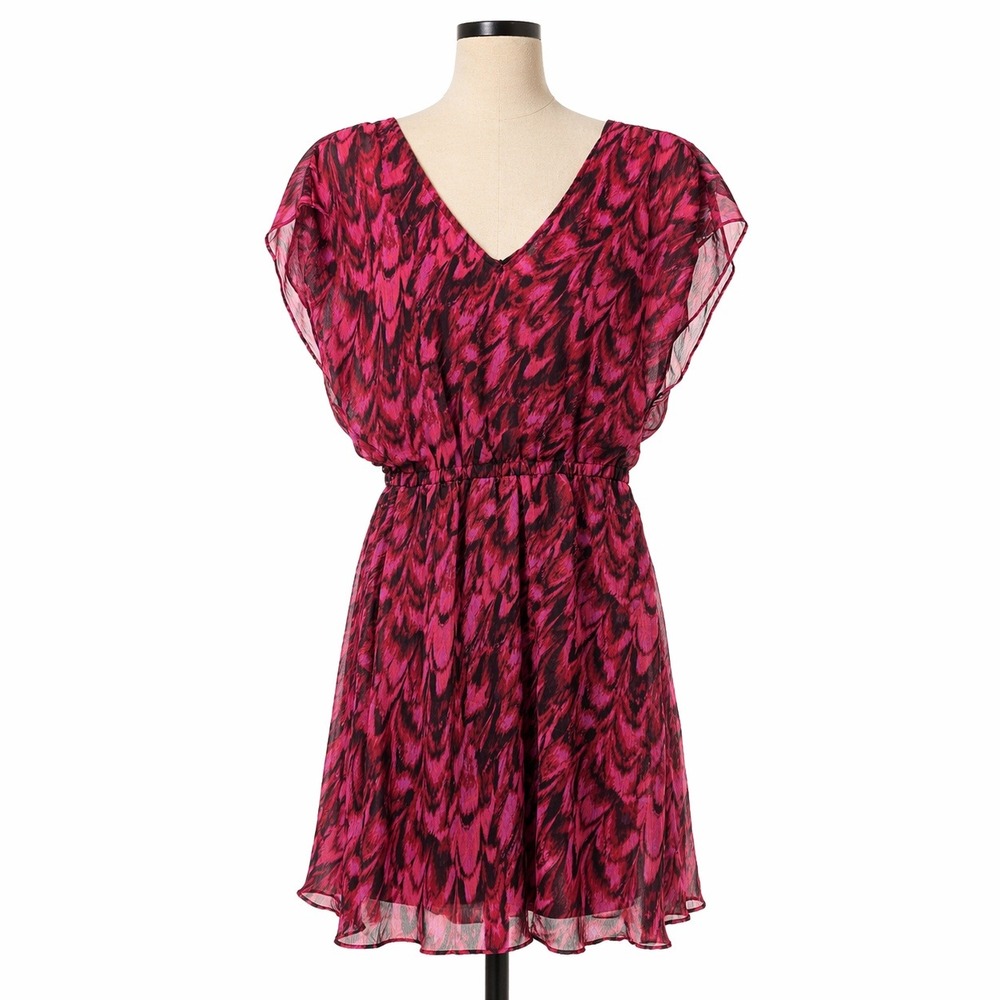 Y2K Express‎ Sheer V Neck Mini Dress Size S Pink Abstract Chiffon Indie Sleaze